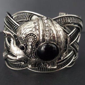 Embellished Jelly Belly Elephant Woven Wide Cuff Bracelet Rustic Silver Tone
